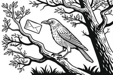 133 black and white illustration,detailed lineart, realistic detailed bird carrying envelope, detailed tree branches, nature scene, monochrome, intricate, detailed, digital art