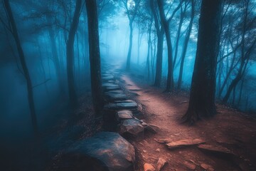 A stone path winds through a misty, blue-hued forest