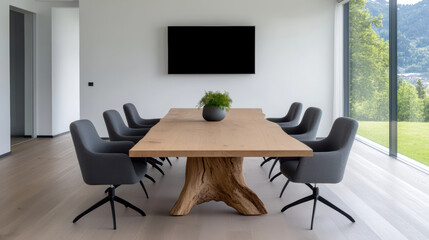 Modern conference room with large wooden table and stylish chairs, featuring scenic view