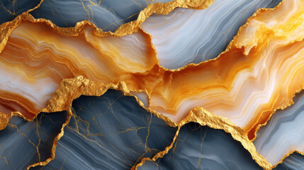 Fototapeta premium Abstract marble texture with gold veins creates an elegant and luxurious surface in shades of blue, orange, and white for artistic backgrounds and designs.