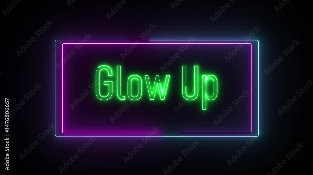Poster looping animated neon text effect reading 'glow up' in bold glowing style over a dark background, de