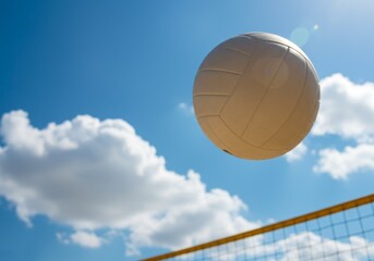 Volleyball Flying in Blue Sky with Clouds and Net Below