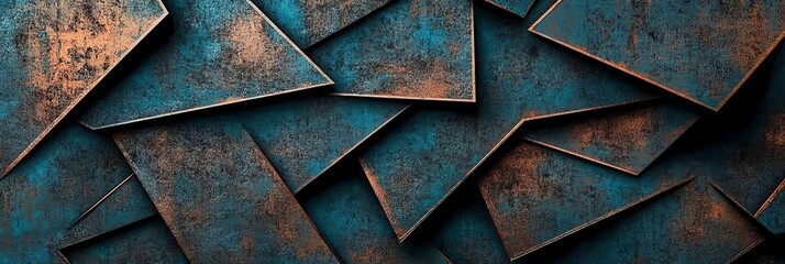  Abstract background with a blue and copper metallic texture of triangular shapes, a metal wall art print mockup. Dark textured wallpaper backdrop for a design studio. 