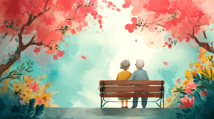 On World Grandparents and Older Persons Day, grandma and grandpa sitting on a park bench surrounded by blooming flowers, an atmosphere of peace and love
