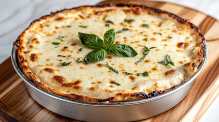 Creamy deep dish lasagna with bubbling cheese and fresh basil on top