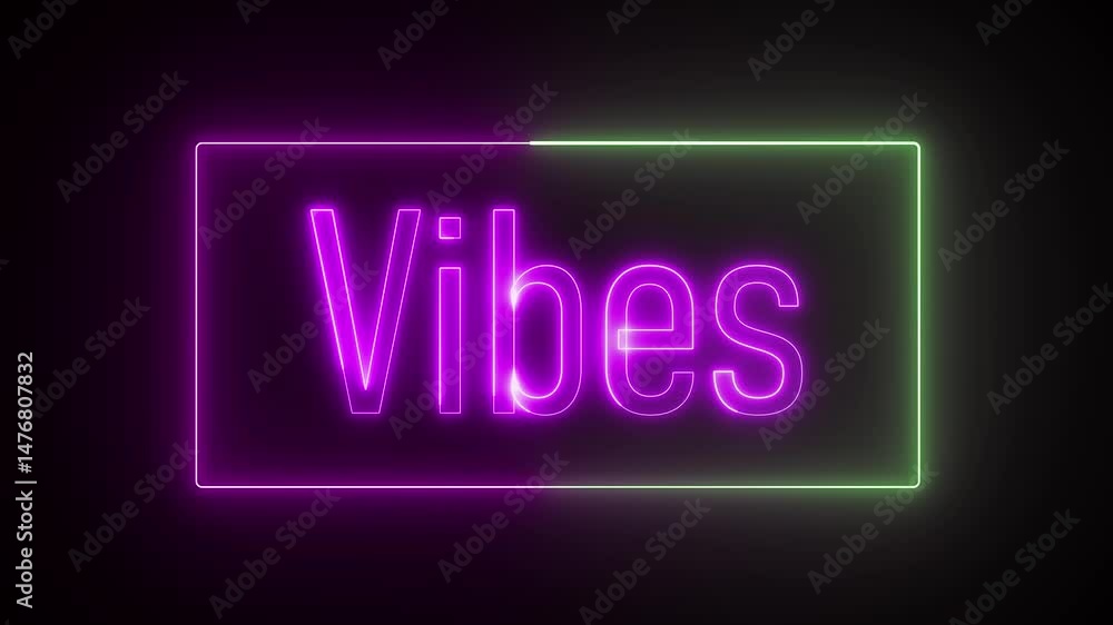 Poster animated glowing neon text displaying the word 'vibes' in bright vibrant colors on a dark background
