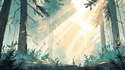 Illustrated Tranquil Forest with Filtered Sunlight, Moss and Textured Ferns Background
