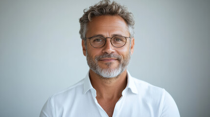 Obraz premium Confident man with glasses smiling bright setting, showcasing professionalism