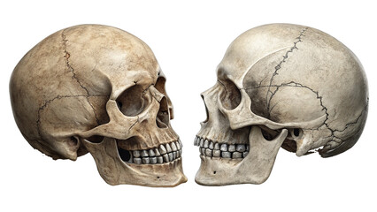 two isolated human skulls on a transparent background