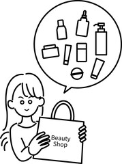 化粧品をまとめ買いする女性のイラスト　線画のみ