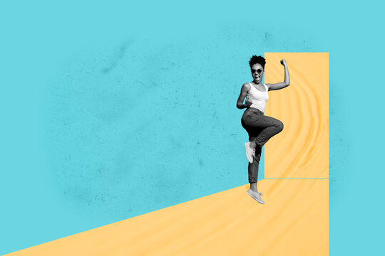 Fototapeta Trend banner collage of person stand geometric figures with empty space on blue background