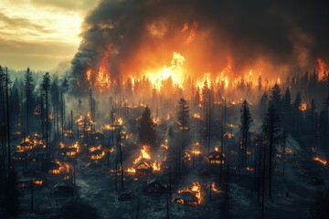 Obraz premium Destruction of forests and homes by wildfires during the late evening glow