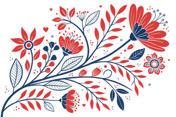 134 floral pattern, hearts, red flowers, blue flowers, botanical, abstract, colorful, dynamic layout, intricate, detailed