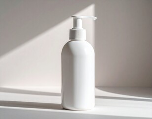 matte white pump dispenser bottle, isolated on a smooth, neutral-toned surface
