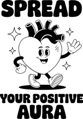 Smiling heart character spreading a positive aura in vintage style