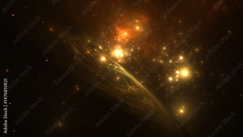 Poster captivating cosmic landscape features an array of brilliant stars and swirling galaxies illuminated 