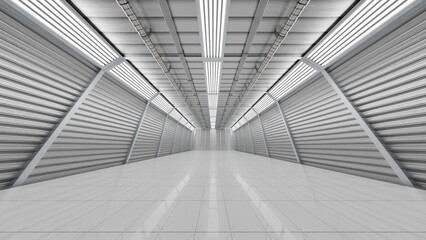 Spacious and well-lit interior of a modern storage facility features sleek metal walls and a shiny tiled floor, designed for easy organization and access to stored items at any time. 3d render