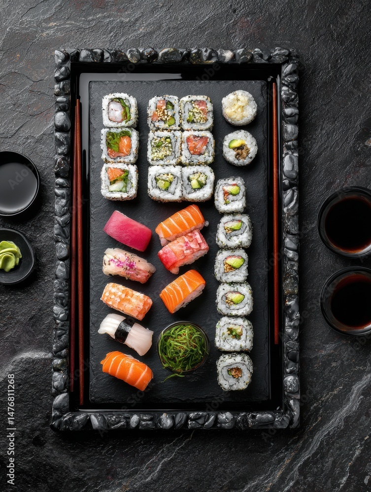Poster colorful sushi set presented on black slate with glowing edges showcasing a variety of rolls and acc