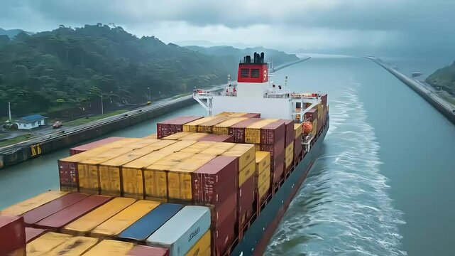 Cargo ship transiting through Panama Canal