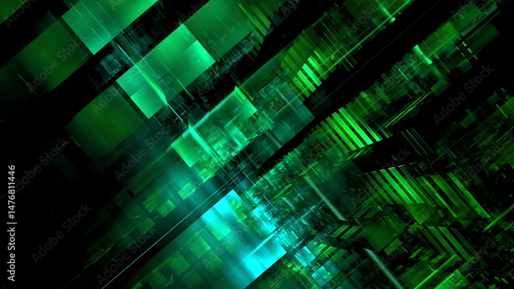 Fototapete Bright green abstract pattern showcases intricate layering of geometric shapes and light effects, creating a dynamic composition that captures attention. 3d render