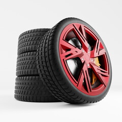 High-performance red alloy wheels are stacked with durable black tires, emphasizing modern automotive engineering. Ideal for enhancing both speed and style in sports cars. 3d render