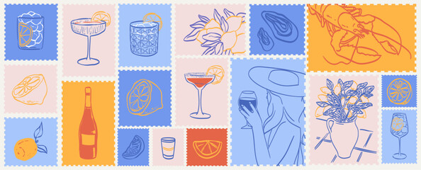 Plakat Letter mail stamp sticker print, wall art vector travel postcard, summer Mediterranean placard or poster. Retro frame or border element design with italian food, lemons and wine. Summer in Amalfi.