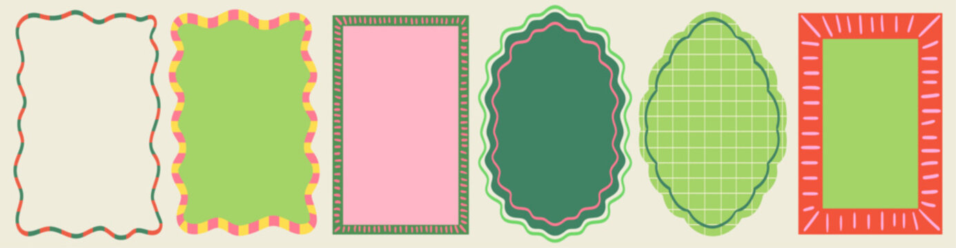 Set of frames with wavy line edges, doodle borders with striped background and curved shapes. Template for invitations, posters, banner, social media decoration.