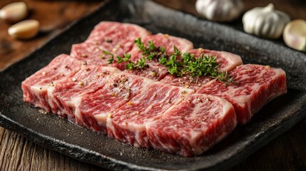 Fototapeta premium Symphony of Flavors: Tender Meat Laid on a Rustic Plate Ready to Cook