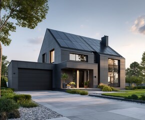 house facade with sleek black solar panels integrated into the roof