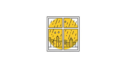 Rainy City View Through Window - Minimalist Illustration