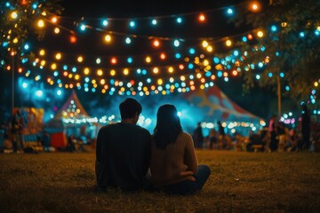Fototapeta premium Couple Enjoying Quiet Moment Under Festive Lights at Outdoor Event, People Admiring Holiday Decorations