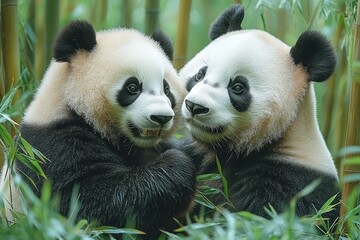 Obraz premium Cute panda duo enjoying bamboo foliage in their natural habitat