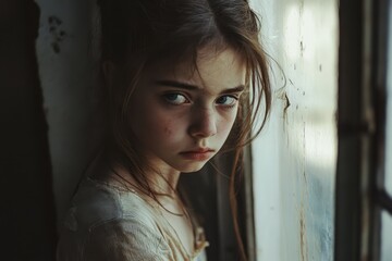 Orphan Girl Standing Alone by Window, Looking Depressed and Disused