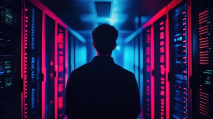 Data center technician stands surrounded by illuminated server racks, managing cloud storage and cybersecurity