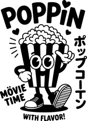 Cartoon popcorn character advertising movie time with flavor