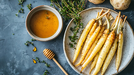 A plate of carrots with honey and herbs on a table