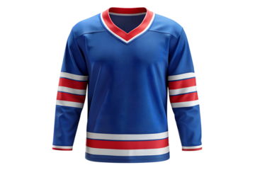 Blue and red striped long sleeved hockey jersey mockup template, hockey jersey, sports apparel, uniform, mockup, template, long sleeve, blue, red, white, vneck, athletic, design, clothing, gear, equip