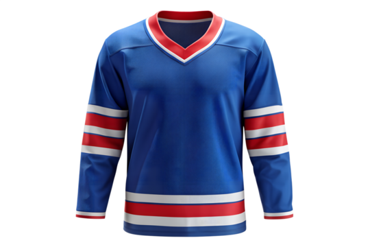Blue and red striped long sleeved hockey jersey mockup template, hockey jersey, sports apparel, uniform, mockup, template, long sleeve, blue, red, white, vneck, athletic, design, clothing, gear, equip