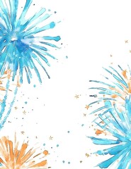 Light blue and peach fireworks bursting on white background, creating a celebratory and festive aesthetic.  Watercolor style, with splatter and sparkle details