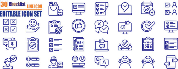 Checklist icon set. Check mark icons. Checklist, survey, agreement, arrow, approved, correct, vote, bulb, document, hand, shield, schedule, pencil, checkbox, certificate, test, magnifying glass, tick.