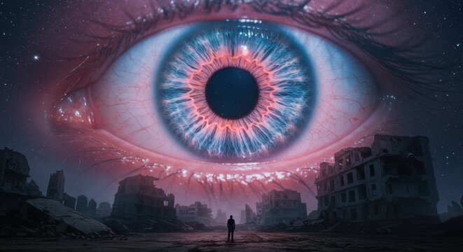 Colossal Celestial Eye Over Ruined City - Powered by Adobe