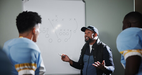 Board, teaching and football with coach and team in locker room for game plan, sports strategy or defense formation. Touchdown tactics, match feedback and discussion with people and training advice