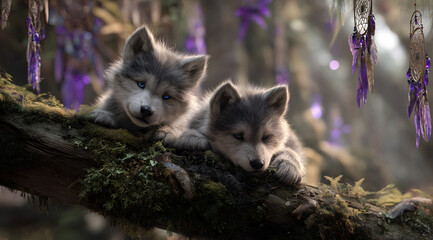Wolf cubes in the forest with dreamcatcher in background