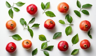 Fresh Pomegranates and Green Leaves Arranged Beautifully on White Background for Culinary and Botanical Themes