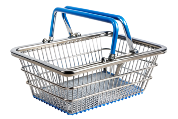 Chrome shopping basket with blue handles isolated against a png background, shopping basket, metal, chrome, wire, basket, handle, blue, isolated, store, retail, shop, supermarket, black, background
