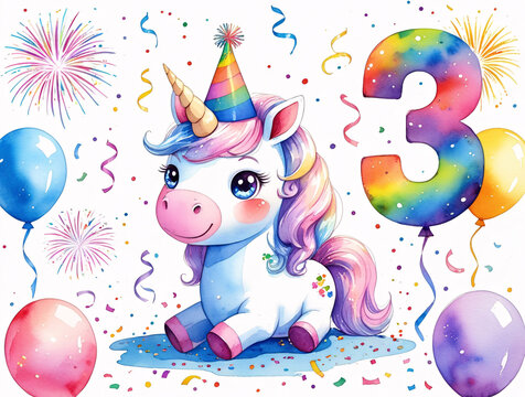 Watercolor unicorn birthday celebration with crown, party hat, big number 3 and pastel cake for children’s greeting card design