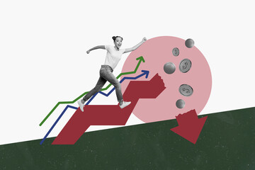 Pop art full zine photo collage of happy businessman businesswoman stand arrow decline dollar...