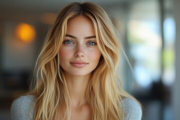 Fototapeta premium Female expert with long blond hair discussing artificial intelligence in a bright interior