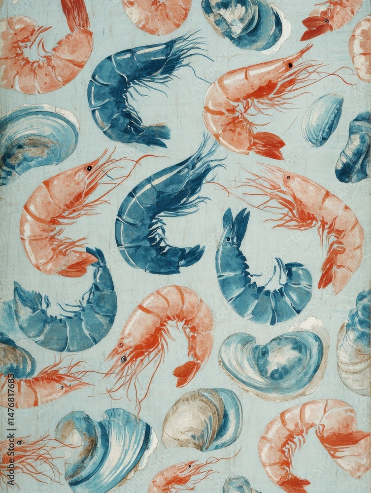 Poster decorative pattern featuring colorful shrimp and mussels with a faded middle, creating an inviting c