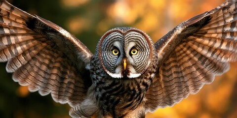 Obraz premium Owl Hunting. Great Grey Owl Pouncing on Prey in Winter, Canada Wildlife